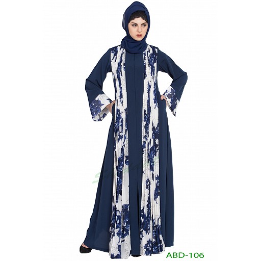 Front open abaya with attached shawl- black-white